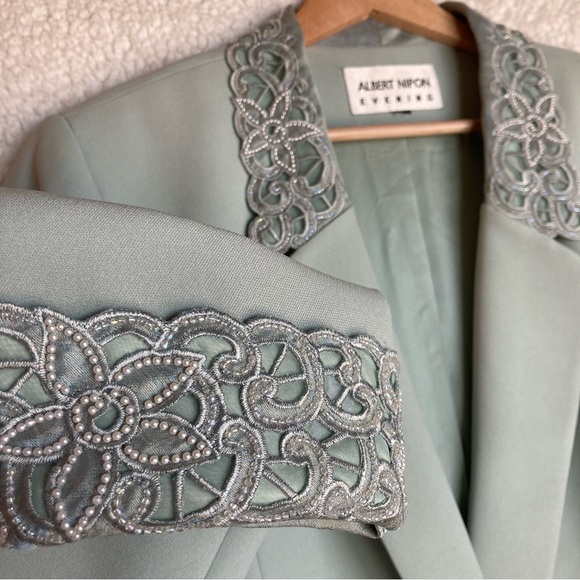 Albert Nipon Evening mint green blazer jacket with floral pearl embroidery - Picture 7 of 14